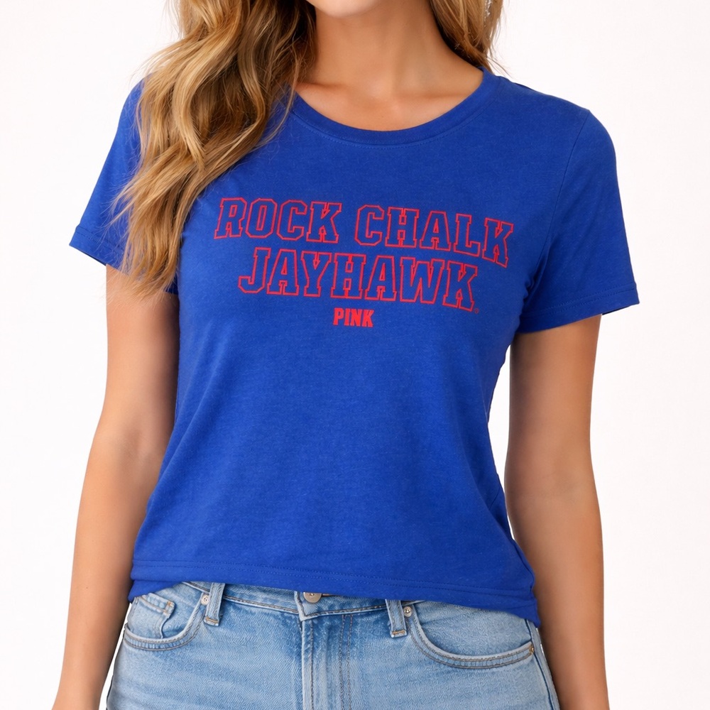 PINK Victoria's Secret Women’s KU  Blue Tee with Red Print |  Size L